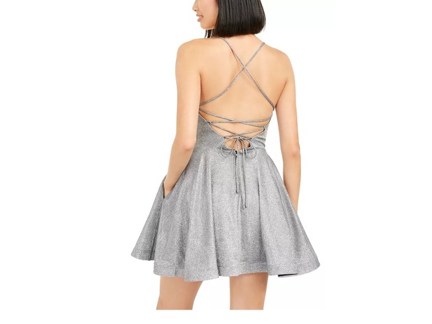 Speechless Juniors' Shimmer Lace-Back Dress Silver Size 1