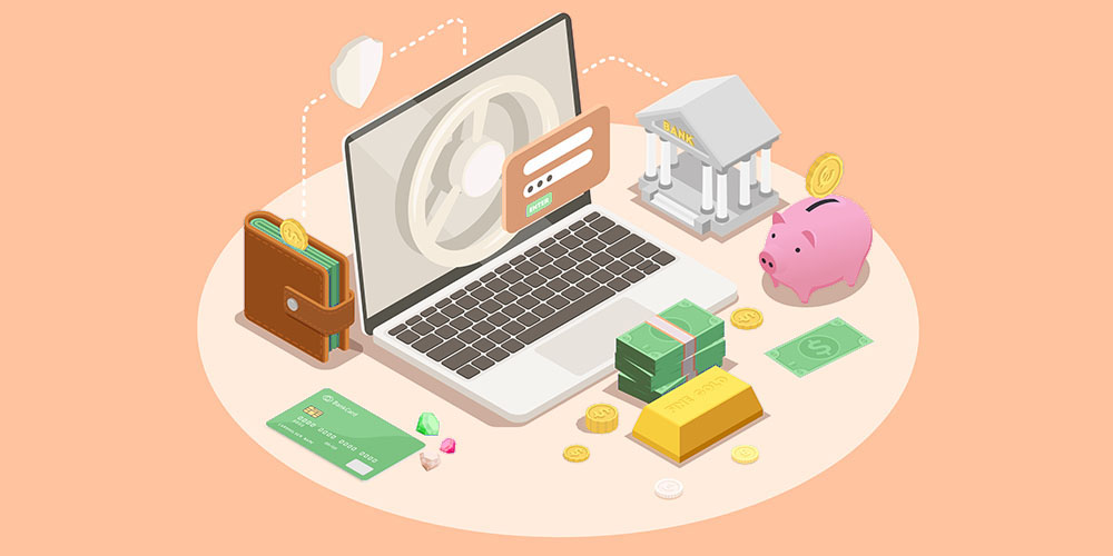 An illustration with a laptop, wallet, credit card, money, piggy bank and financial institution
