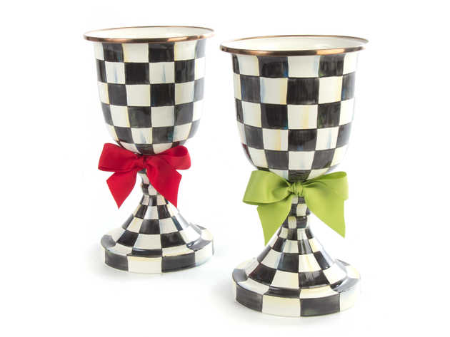 MacKenzie-Childs Courtly Check Enamel Pedestal Vase - Green Bow