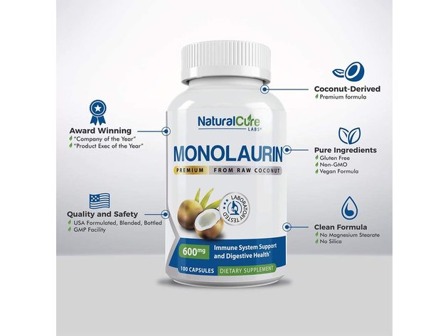 Natural Cure Labs Premium Monolaurin 600mg - Immune System Support and Digestive Health, 100 Capsules Dietary Supplement