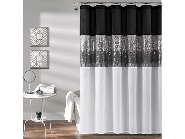 Lush Decor,Shower Curtain Sequin Fabric Shimmery, 72" x 72" - Black & White (No Box)