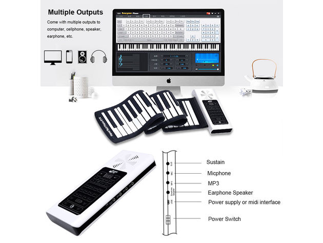 61 Key Electronic Roll Up Piano Keyboard Silicone Rechargeable w/Pedal - White