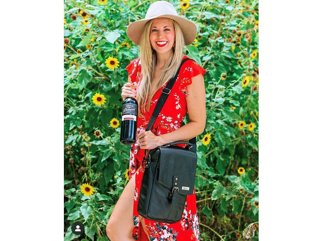 Black Insulated Genuine Leather Wine Carrier Bag & 2 Wine Tumblers. Wine Cooler Bag For Women & Men