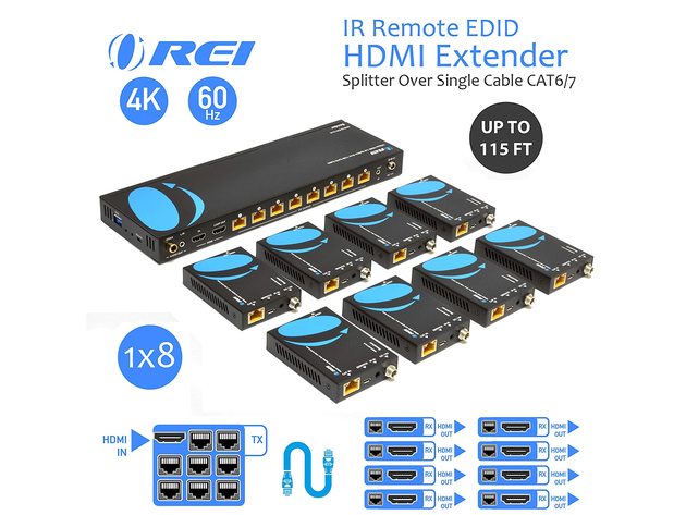 4K 1x8 HDMI Extender Splitter by OREI Multiple Over Single Cable CAT6/7 4K@60Hz 4:4:4 HDCP 2.2 With IR Remote EDID Management - Up to 115 Ft - Loop Out - Low Latency - Full Support