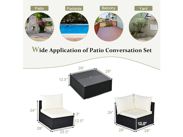 7 Piece Patio Rattan Furniture Set Sectional Sofa Cushioned Glass Table Steel Frame