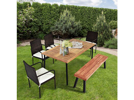 Costway 6 Piece Patio Rattan Dining Set Armrest Chair Wood Table Top Umbrella Hole - Brown