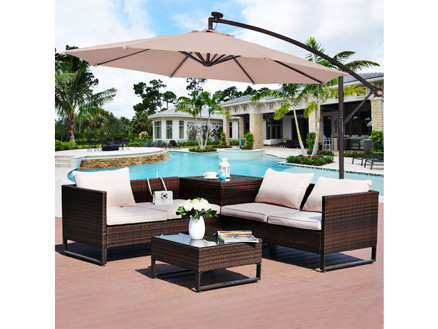 Costway 10' Hanging Solar LED Umbrella Patio Sun Shade Offset Market W/Base Beige