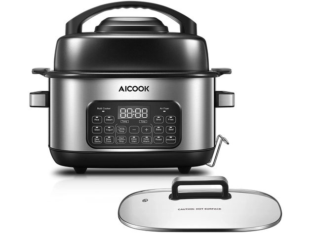 AICOOK 6.5qt Slow Cooker Air Fryer Combo, 12-in-1 Multicooker Programmable Indoor Electric Grill, Adjustable Temp&Time
