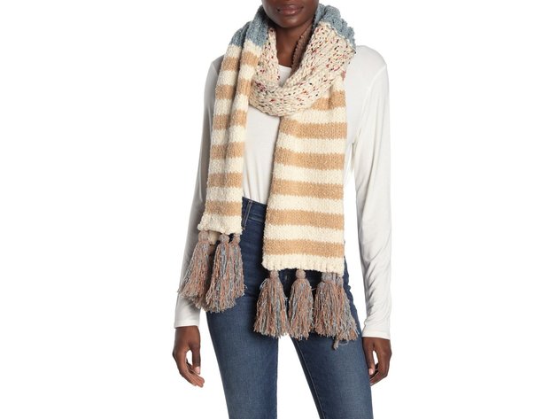 Free People Women's Knit Design Nova Stripe Statement Tassel Scarf, One Size, Beige