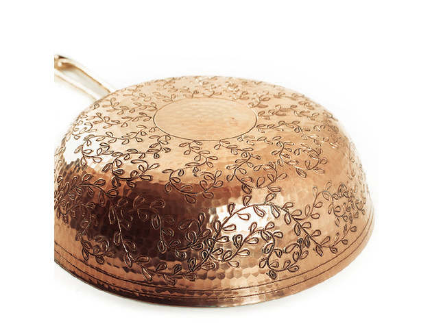 Copper Frying Pan with Hand-Engraved Leaves 11" 