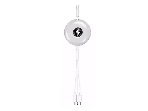 3-in-1 Retractable USB-C, Micro USB & Lightning Charging Cable (White)