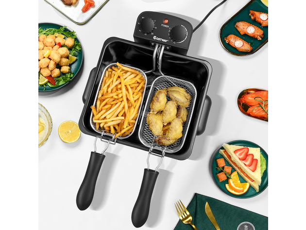 Costway Electric Deep Fryer 5.3QT/21-Cup Stainless Steel 1700W w/ Triple Basket - Black/Silver