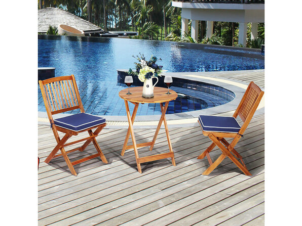 Costway 3pcs Patio Folding Wooden Bistro Set Cushioned Chair Conversation Cream Cushion