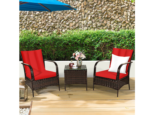 Costway 3 Piece Patio Rattan Furniture Set Coffee Table & 2 Rattan Chair W/Red Cushions - Red