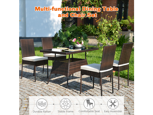 Costway 5 Piece Patio Rattan Dining Set Glass Table High Back Chair Garden Deck Mix Brown 