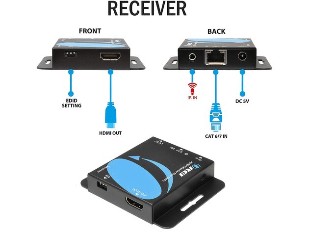 OREI 1x4 HDMI Extender Splitter Over CAT6/7 Ethernet Cable Up to 165 ft- 1080P, IR Control, EDID, HDMI Loop Out (HD14-EX165-K)