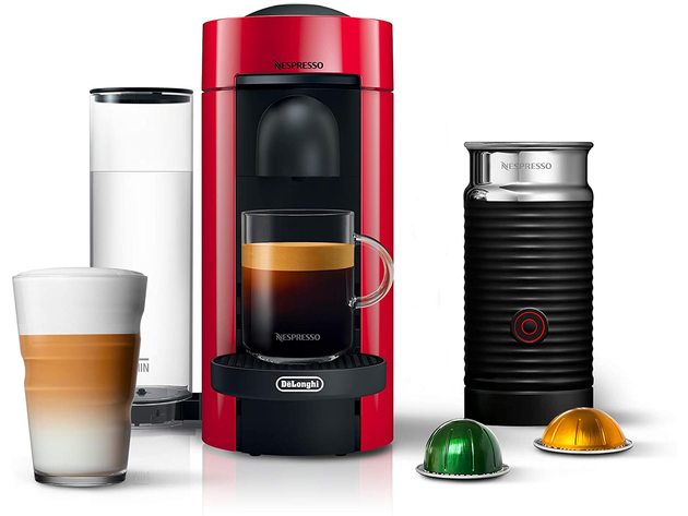 Nespresso VertuoPlus Coffee and Espresso Maker Bundle with Aeroccino Milk Frothe, Red (New Open Box)