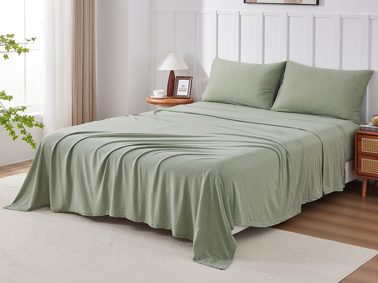 Kathy Ireland 4 Piece Heathered Jersey Knit Cotton Sheet Set (Full/Olive)