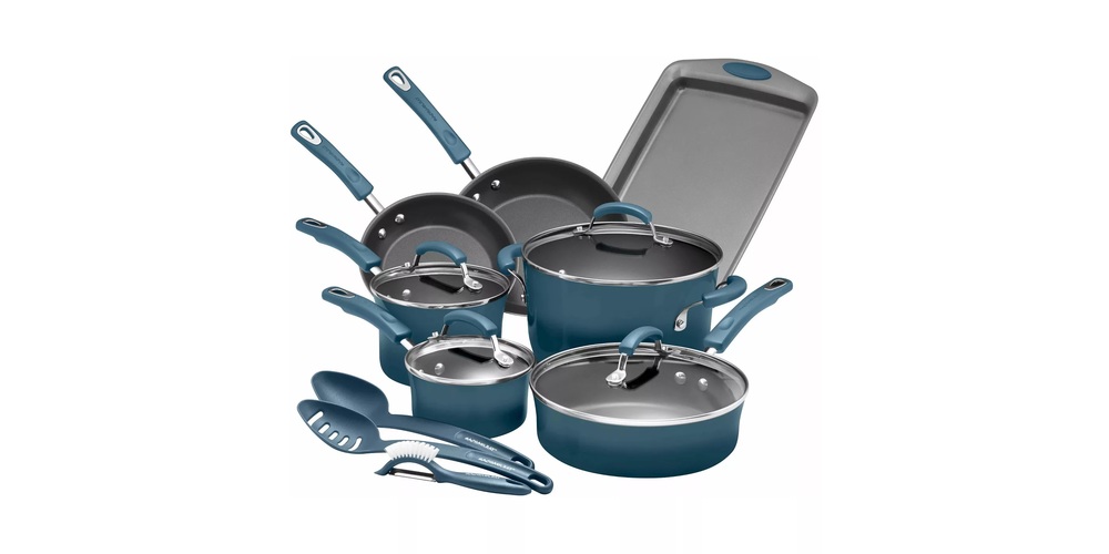Rachael Ray Enamel Aluminum Silicon Construction Nonstick 14 Piece Cookware Set with Glass Lids, Marine (New Open Box), on sale for $154.44 (30% off)