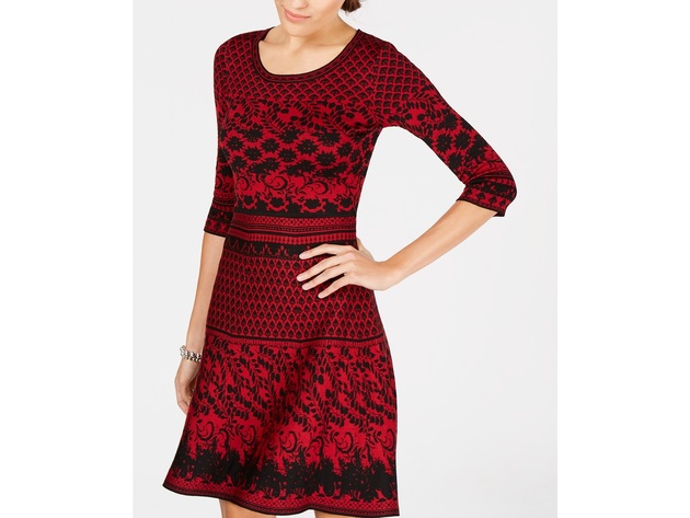 Taylor Women's Jacquard Fit & Flare Sweater Dress Red Size Small