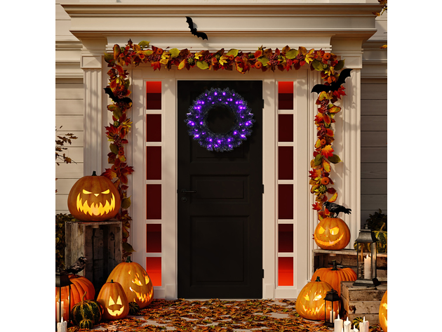 Costway 24inch Pre-lit Christmas Halloween Wreath Black w/ 35 Purple LED Lights - Black