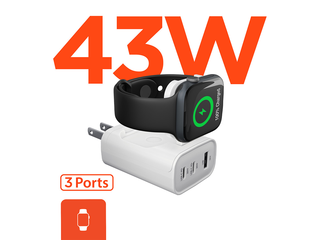 HyperGear SpeedBoost 43W 3-Port USB-C Wall Charger with Built-In Apple Watch Charger