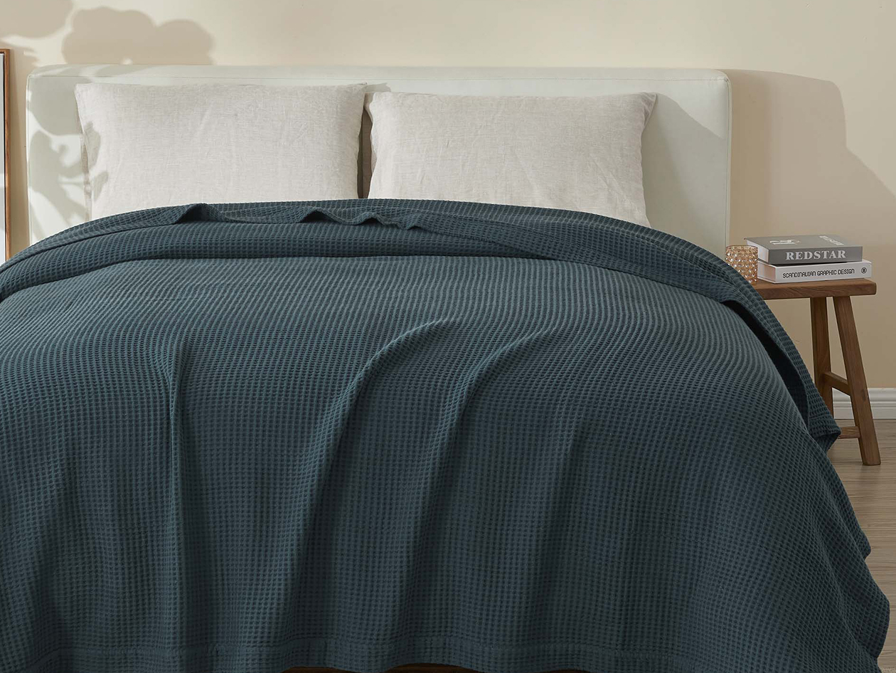 Vintage Cotton Waffle Blanket (Queen/Indigo)