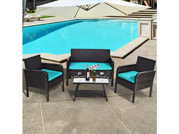 Costway 4 Piece Outdoor Rattan Furniture Set Patio Wicker Sofa w/Tempered Glass Table Cushioned Chair - Turquoise