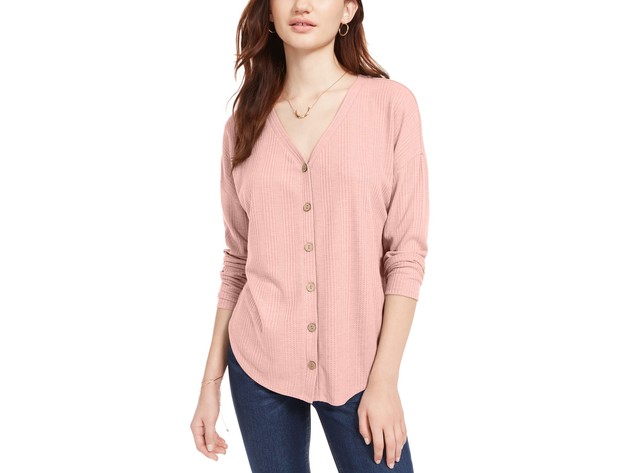 Pink Rose Hippie Rose Juniors' Tie-Front Button-Up Top Pink Size Small