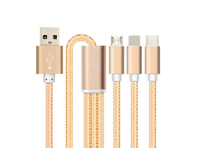 3-in-1 USB-C, Lightning, MicroUSB Cables: 3-Pack (Gold)