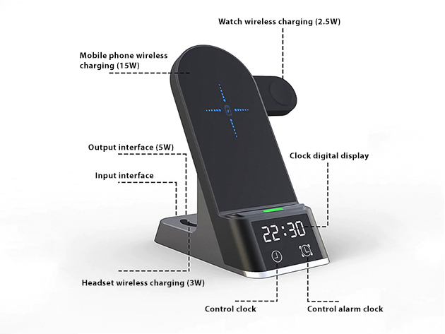 6-in-1 Wireless Charger Stand with Time Clock & Alarm