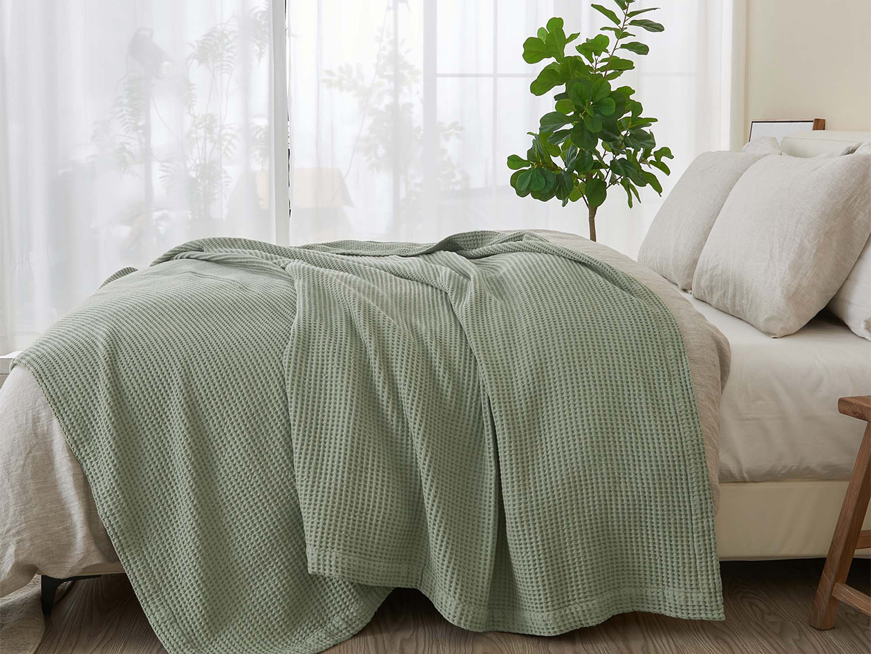 Vintage Cotton Waffle Blanket (Throw/Sage)
