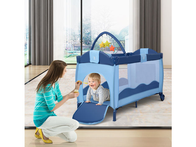 Blue Baby Crib Playpen Playard Pack Travel Infant Bassinet Bed Foldable - Blue