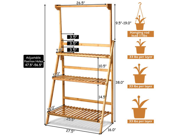 Costway 3 Tier Bamboo Hanging Folding Plant Shelf Stand Flower Pot Display Rack Bookcase