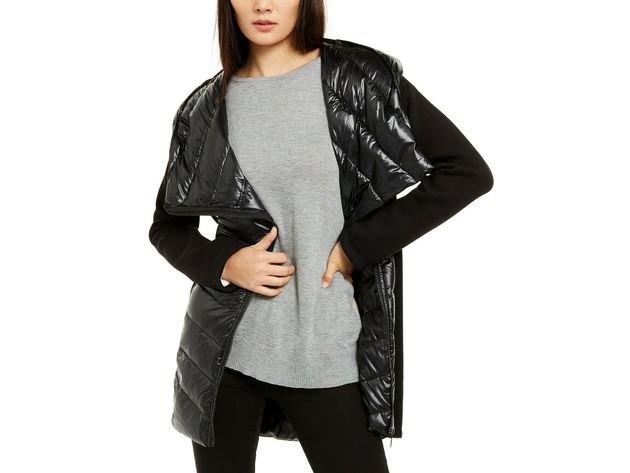 Calvin Klein Women's Asymmetrical Mixed-Media Puffer Jacket Black Size Large