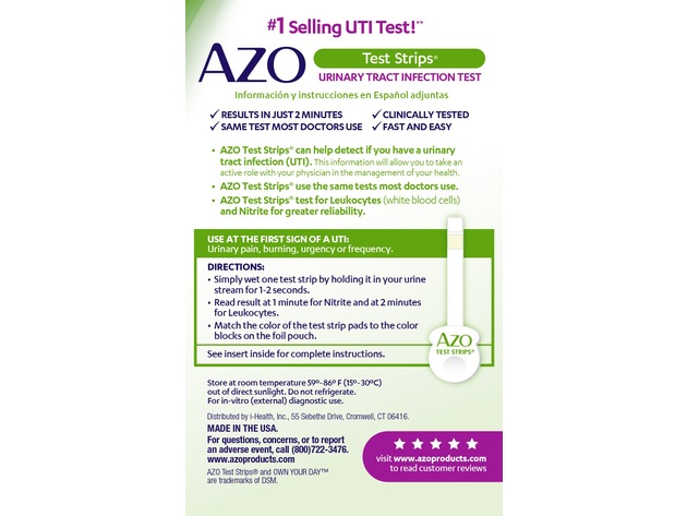 AZO Urinary Tract Infection Test Strips, Results in 2 Minutes, Clean Grip, Easy to Use, 3 Count