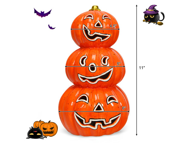 Costway Pre-Lit Halloween Pumpkin Lantern 3 Tiers Hand-Painted Ceramic Pumpkins - Orange