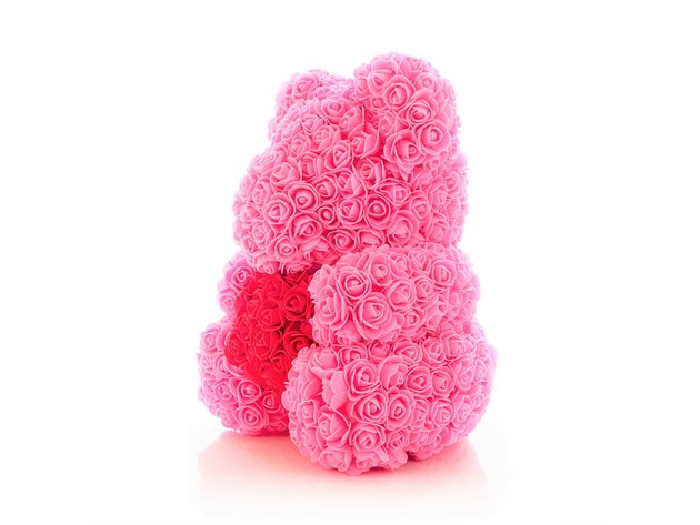 Homvare Foam Rose Teddy Bear 14" with Gift Box for Valentines Day, Anniversary and Birthday - Pink/Red