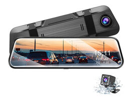 10" 4K Rearview Mirror Mounted Touchscreen Dash Cam with Voice Control & Rear Backup Camera