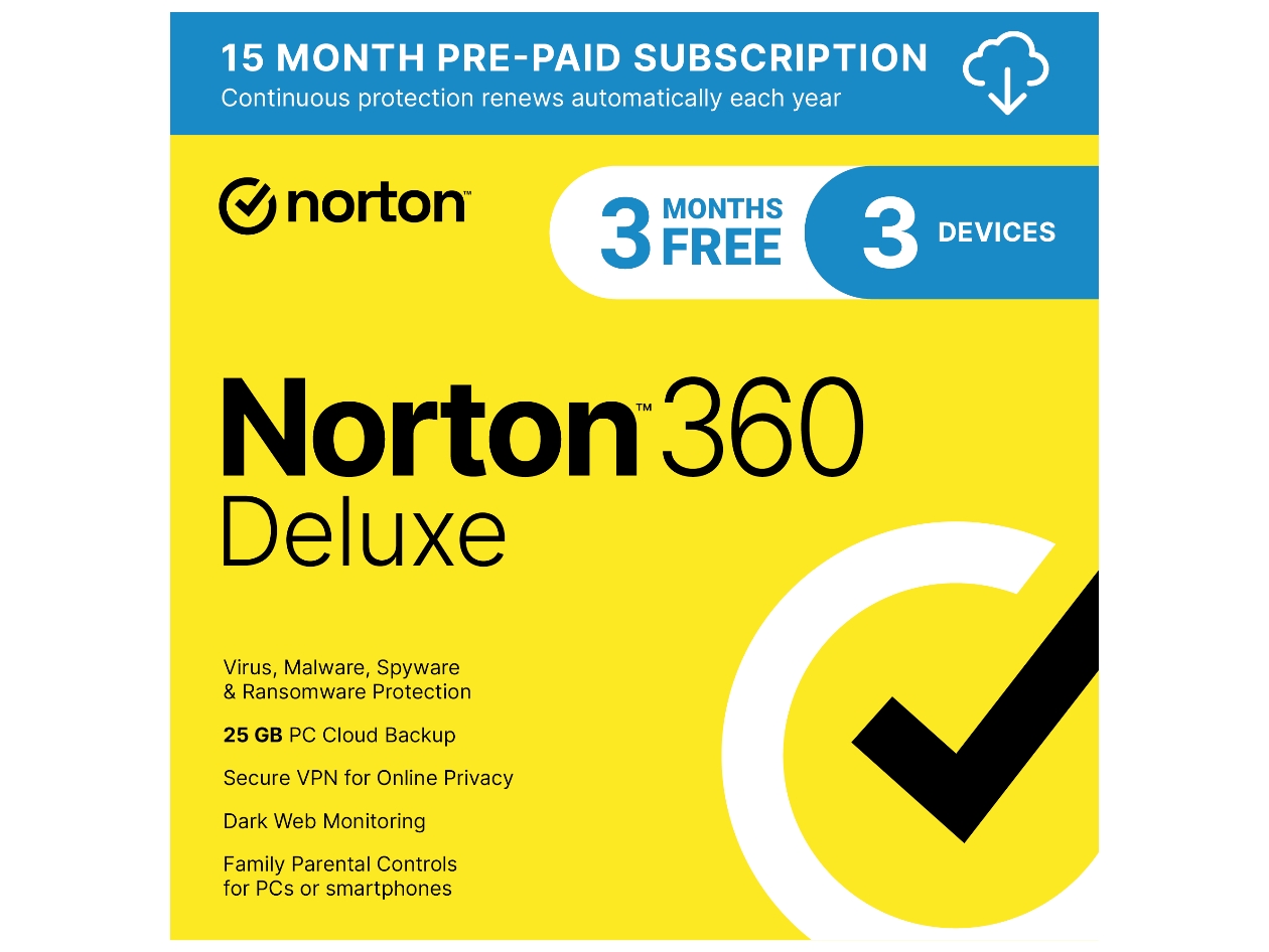 Norton 360 Deluxe: 25GB PC Cloud Backup for 3 Devices (15-Month Subscription)