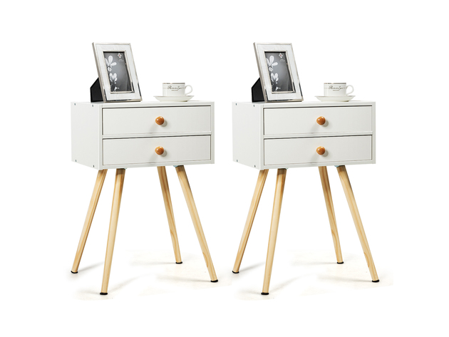 Costway 2PC Mid Century Modern 2 Drawers Nightstand In White Sofa Side Table End Table - White