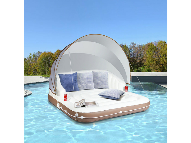 Costway Canopy Inflatable Pool Float Lounge Swimming Raft - White + Brown + Silver