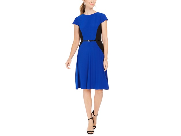 Jessica Howard Women's Belted Colorblocked Fit & Flare Dress Bright Blue Size 14