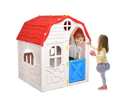 Costway Kids Cottage Playhouse Foldable Plastic Play House Indoor Outdoor Toy Portable - Beige + Red + Blue