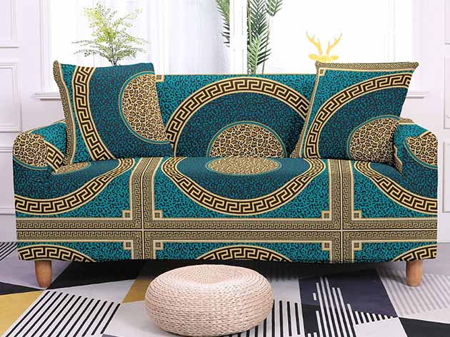  Elastic Sofa Cover for L.R. Mod Sectional Corner Sofa (Teal/Gold, 4-Seater)