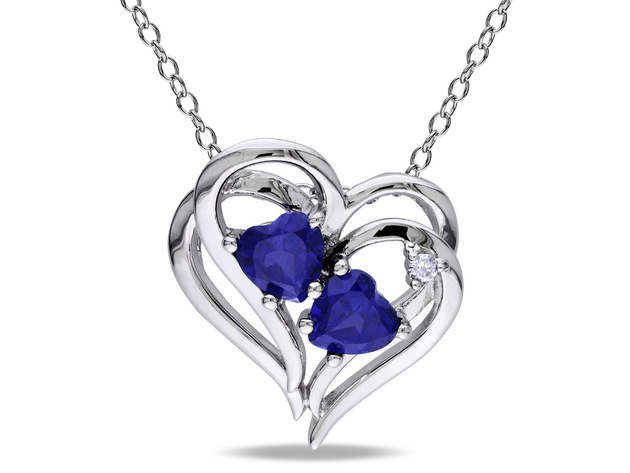 1.10 Carat (ctw) Lab-Created Blue Sapphire & Diamond Heart Pendant Necklace in Sterling Silver with chain