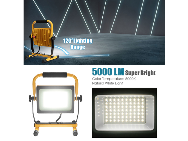 Costway 50W 5000lm LED Work Light Portable Outdoor Camping Job Site Lighting Waterproof - Yellow