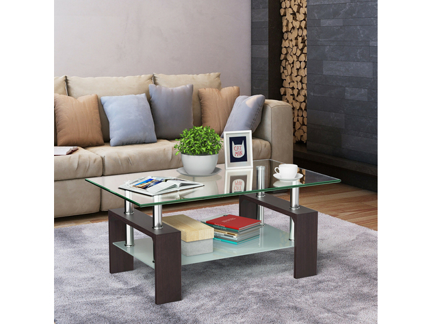 Costway Rectangular Tempered Glass Coffee Table w/Shelf Wood Living Room Furniture - as pic