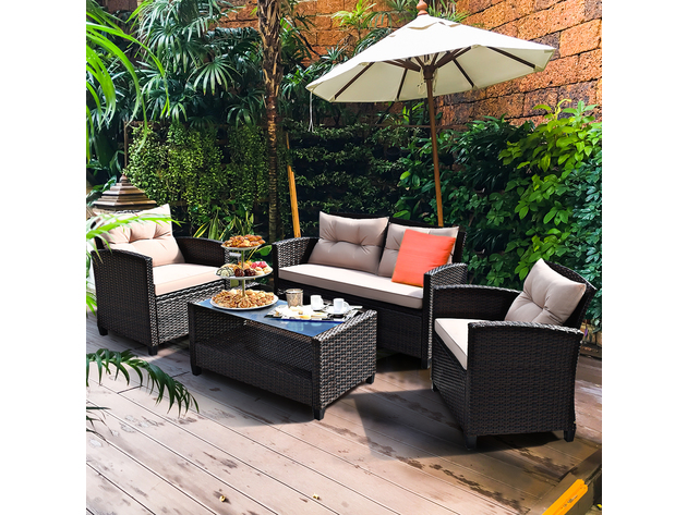 Costway 4 Piece Outdoor Rattan Furniture Set Cushioned Sofa Armrest Table