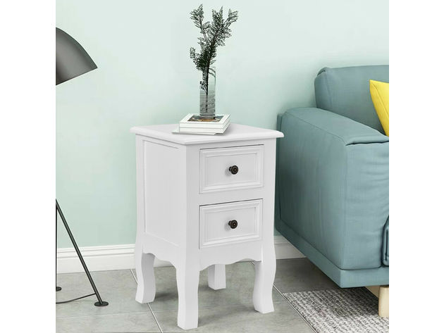Costway White Night Stand  w/ 2 Storage Drawers Wood End Accent Table - White